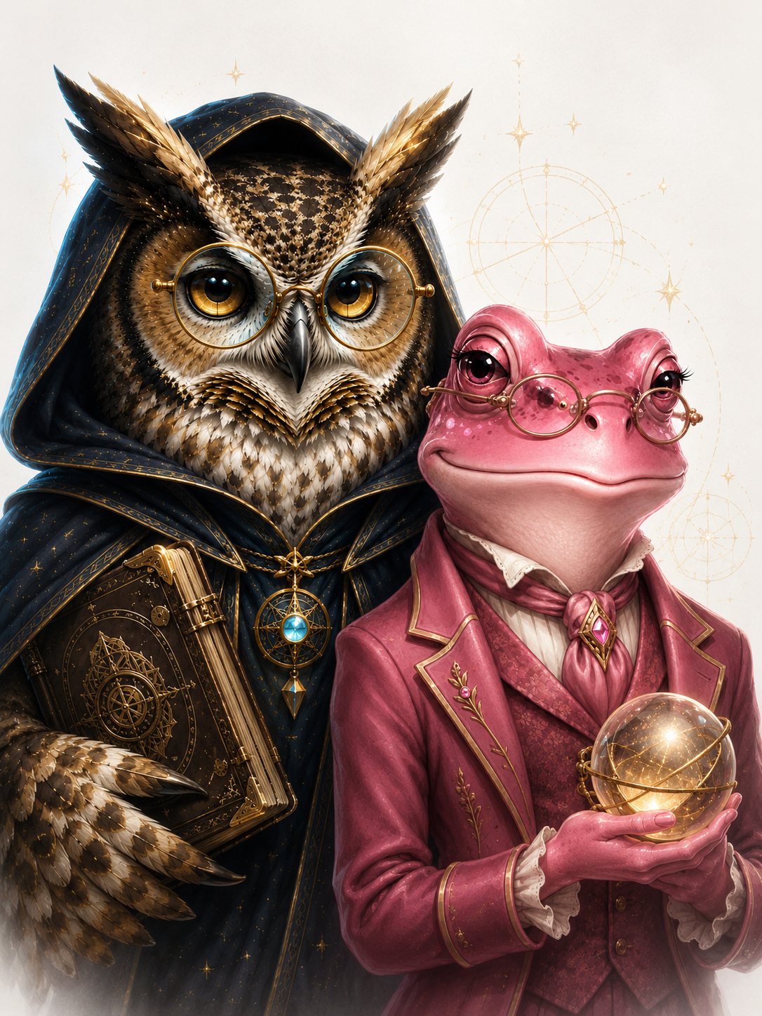 Owl and frog symbolic research characters